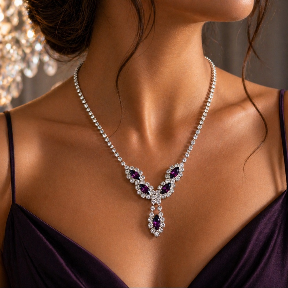 Vintage Purple Rhinestone Necklace Silver Tone Statement Y Drop Glam Formal